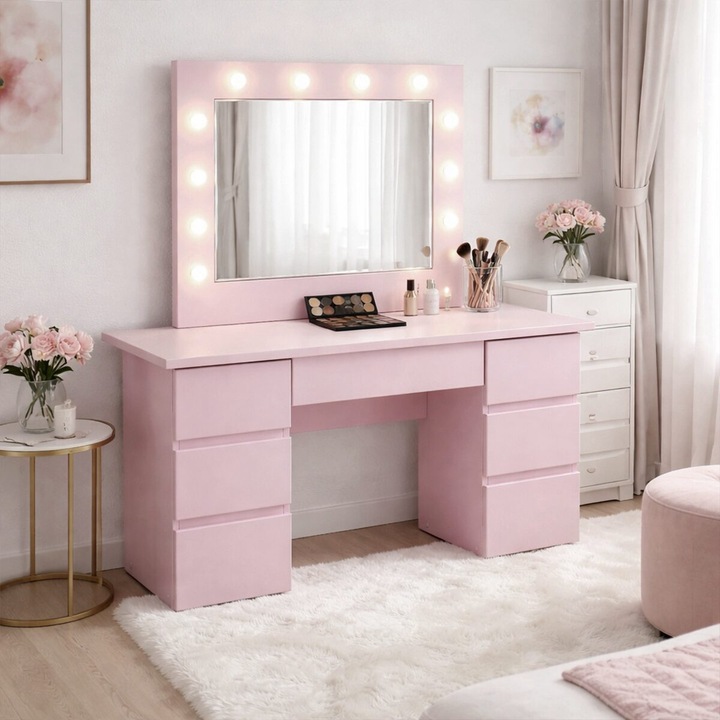 Тоалетка с масичка, Ванеса, розова, с огледало и LED осветление, 130x43x143 см