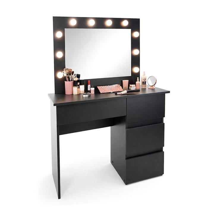 Тоалетка/маса за гримиране, Ирина, черна, с огледало и LED осветление, 94x43x141 см