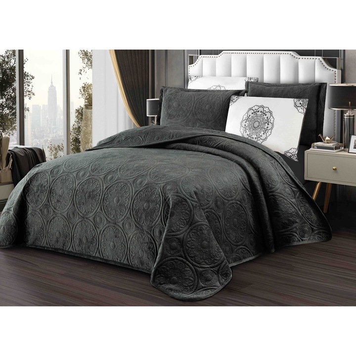 Set Cuvertura Pat Catifea, Model Relief Circular, 220x240cm, Gri Inchis - JOJ822