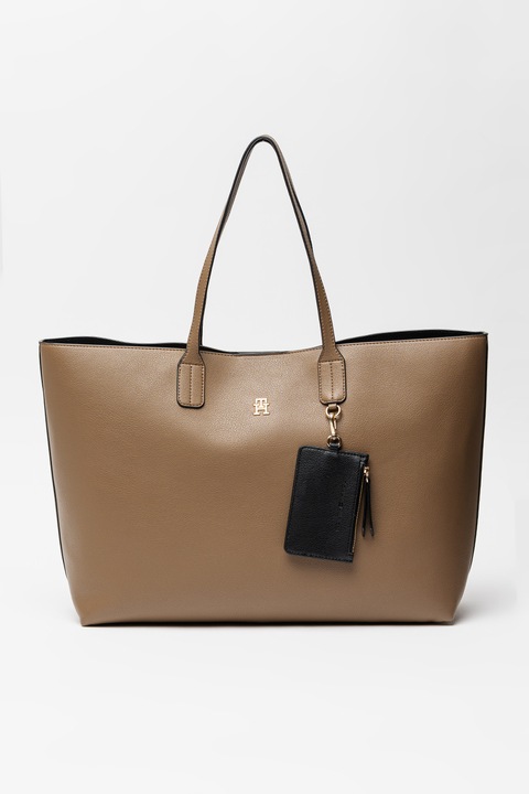 Tommy Hilfiger, Geanta shopper cu breloc detasabila si etui Icon, Caramel