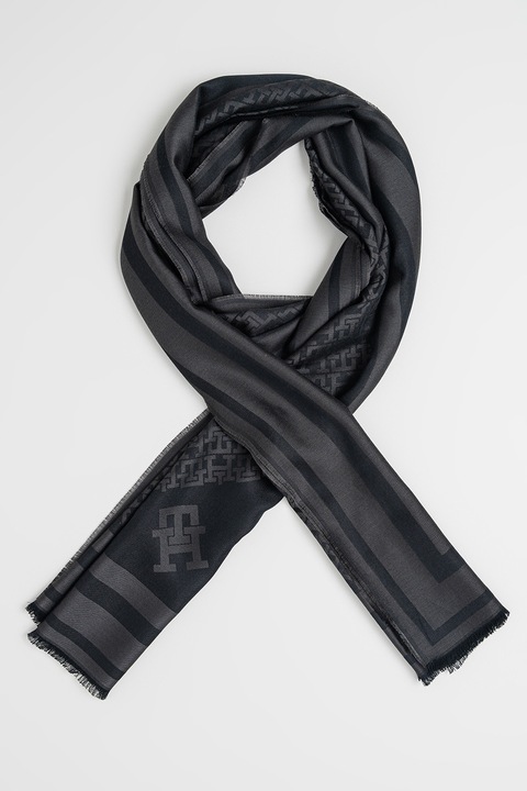 Tommy Hilfiger, Esarfa din amestec de lana si modal cu monograma, Negru