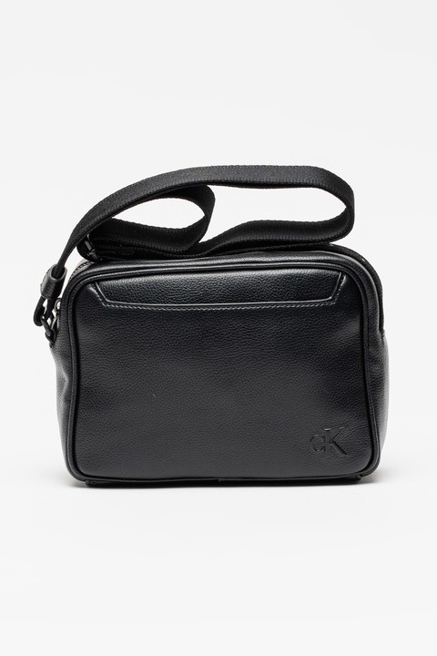 CALVIN KLEIN, Műbőr táska logómintás keresztpánttal, Fekete