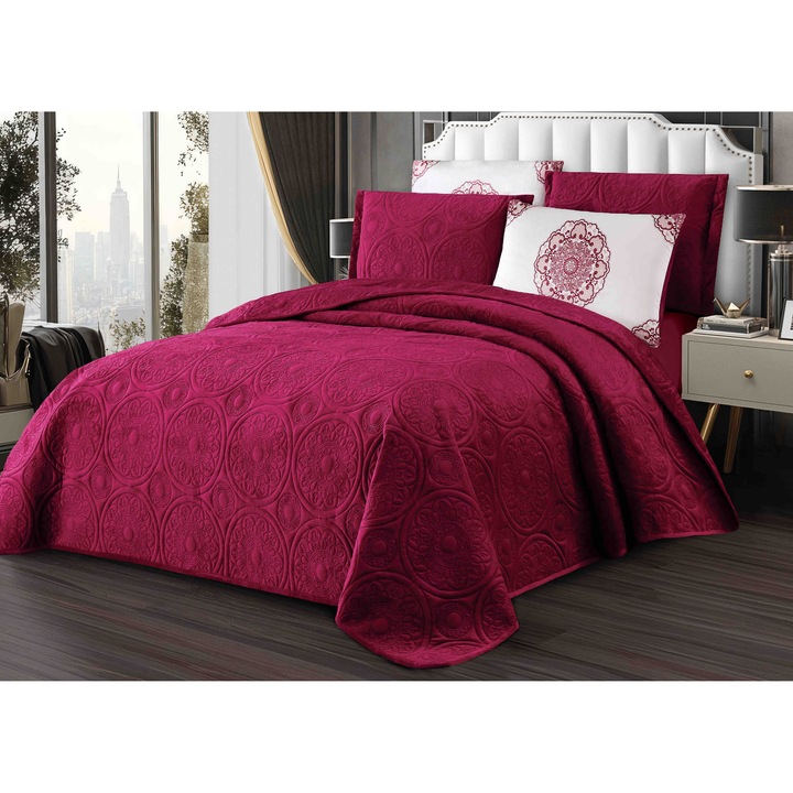 Set Cuvertura Pat Catifea, Model Relief Circular, 220x240cm, Burgundy - JOJ823