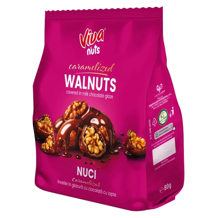 Drajeuri Viva, nuci caramelizate cu glazură de ciocolată cu lapte, 80 g