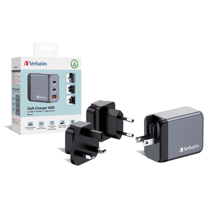 Adaptor de calatorie mini Verbatim 32201, GNC65, 65W, 3-Port GaN , 2 x USB-C PD 65W, 1 x USB-A, QC 3.0 (EU/UK/US), gri