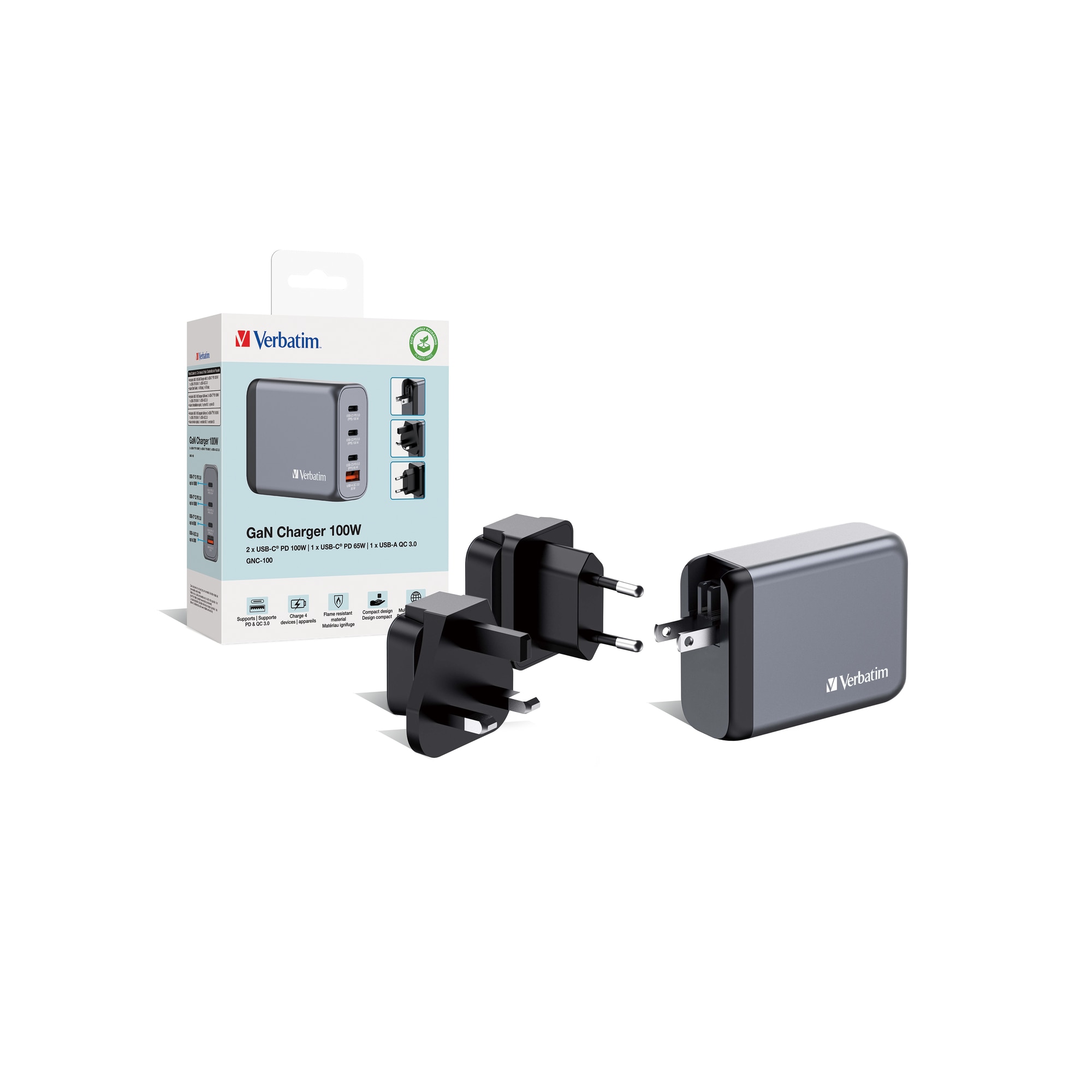 が-く Adaptor de calatorie Verbatim 32202, GaN, 100W, 4-Port GaN, 2 x