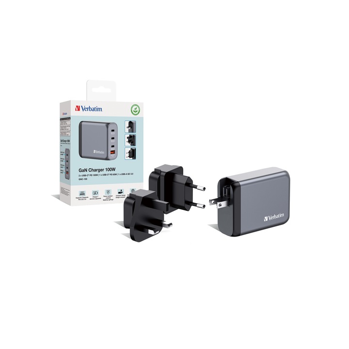 Adaptor de calatorie Verbatim 32202, GaN, 100W, 4-Port GaN, 2 x USB-C, PD 100W, 1 x USB-C PD 65W, 1 x USB-A QC 3.0, EU/UK/US, gri