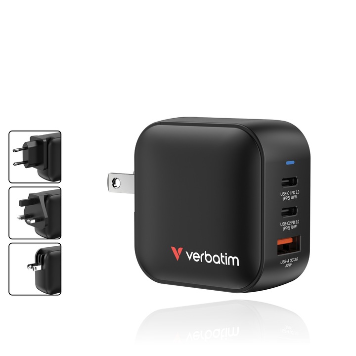 Adaptor de calatorie mini Verbatim 32229, GaN, 70W, 2 x USB-C PD 70W, 1 x USB-A QC 3.0, EU/UK/US, negru