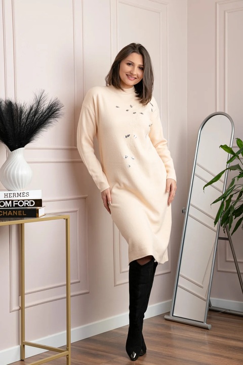 Rochie tricotata ivoire Katherine cu flori in relief si paiete argintii, Ivoire, One Size