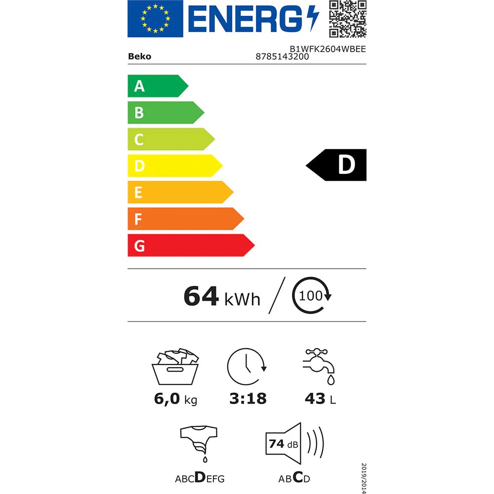 Masina de Spalat Rufe Frontala Slim BEKO B1WFK2604WBEE, 6 kg, 1000 rpm, Clasa D, Alb