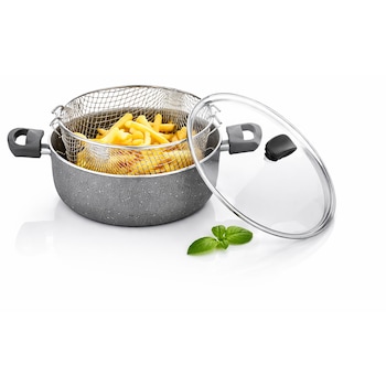 Oala pentru prajit cartofi, Papilla, 24 cm, set 3 piese, cos prajire detasabil, capac din sticla