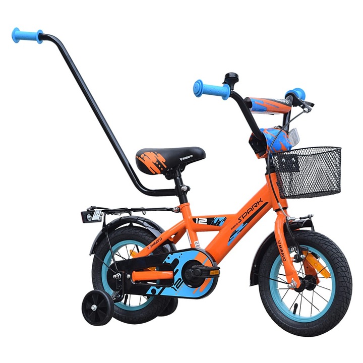Gyermek kerékpár, Miravo, 12 hüvelykes, narancssárga-kék, fiúknak, kosárral, vezetőrúddal együtt