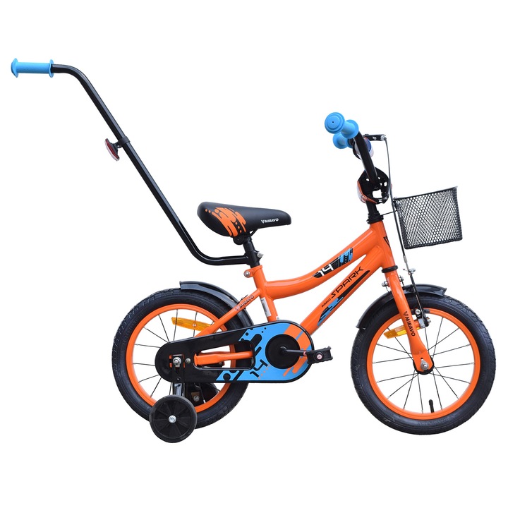 Gyermek kerékpár, Miravo, 14 hüvelykes, narancssárga, fiúknak, kosárral, vezetőfogantyúval