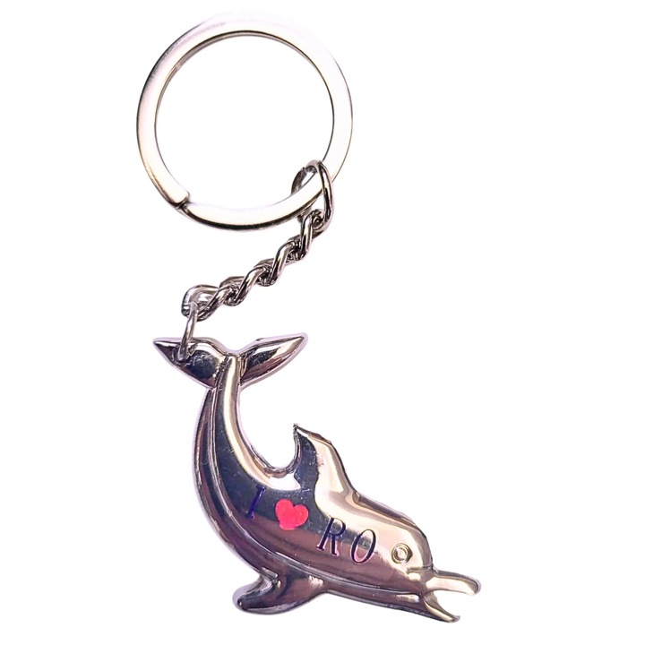 Fém delfin kulcstartó I Love RO felirattal, ezüst, rozsdamentes acél, Dactylion®