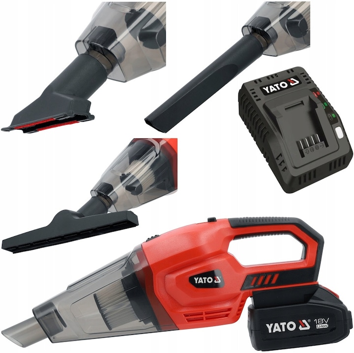 Aspirator fara fir YATO 18V, 9 kPa, 4Ah, set cu 2 tuburi extensoare, accesorii pentru curatare auto si tapiserie, 1 kg