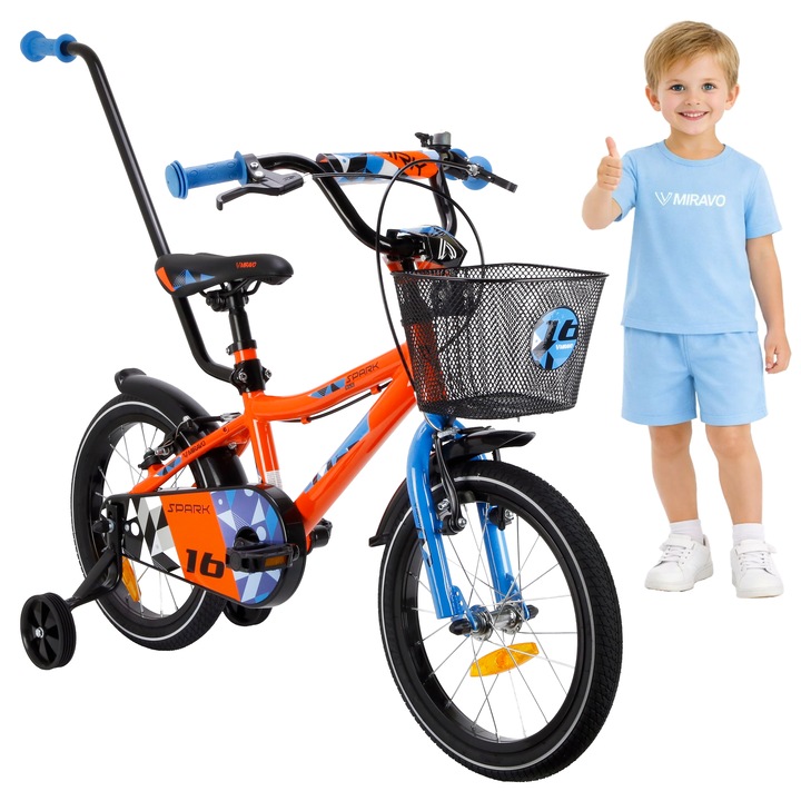 Bicicleta copii, Miravo, 16 inch, Portocaliu-albastru, Pentru baieti, Cadru din aluminiu, Cu ghidon de ghidare inclus