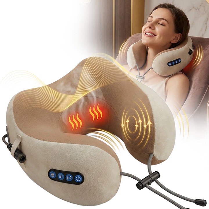 Aparat masaj cervical Sanatate Forte® cu 3 moduri, Caldura, Vibratii si Masaj, Reducerea tensiunii, Relaxare, Terapie termica 40–45°C, Moduri multiple autonomie 180 min, Portabil, Relaxare gat si umeri
