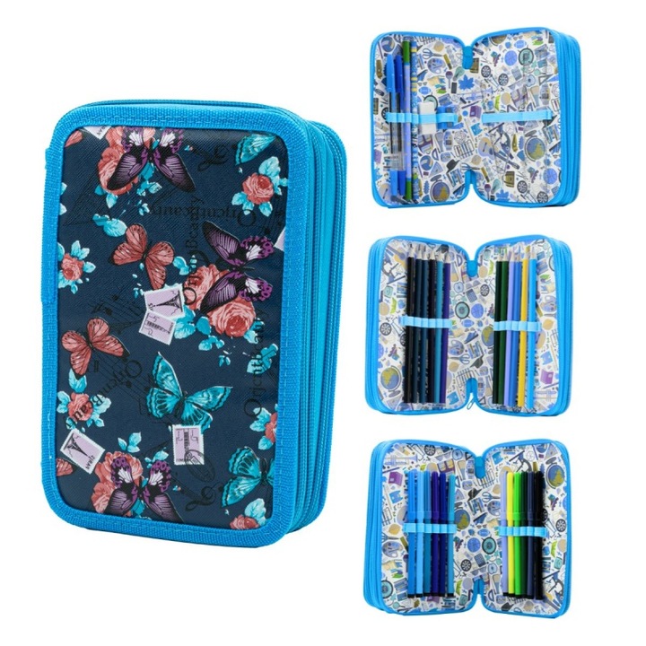 Felszerelt tolltartó 3 cipzárral CNX pillangók