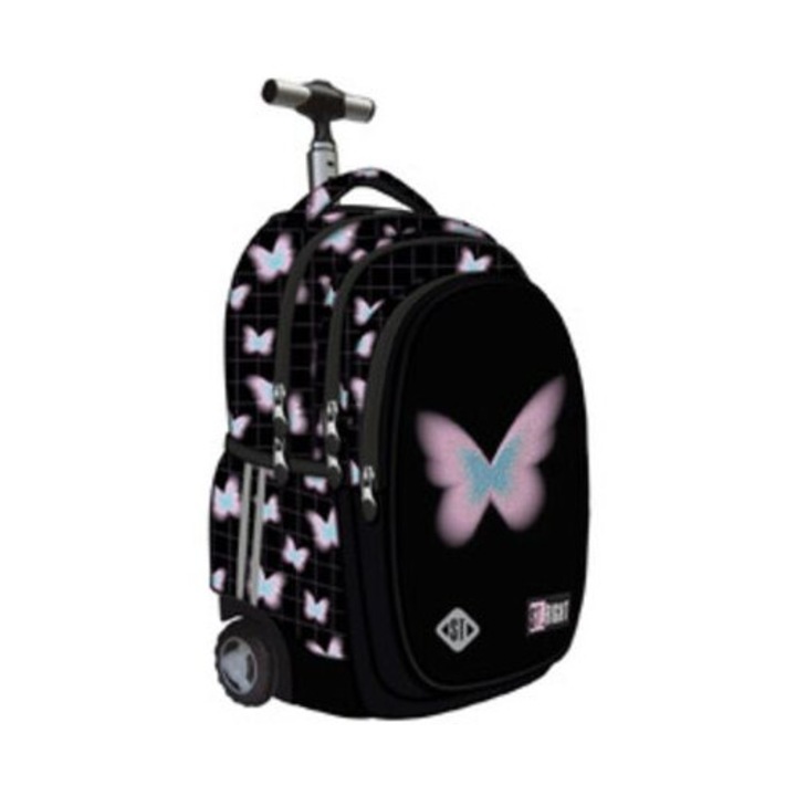Ghiozdan tip Troler St.Right TB01, Pastel Butterfly, Roti Silicon, Impermeabil, 44x32x25 cm