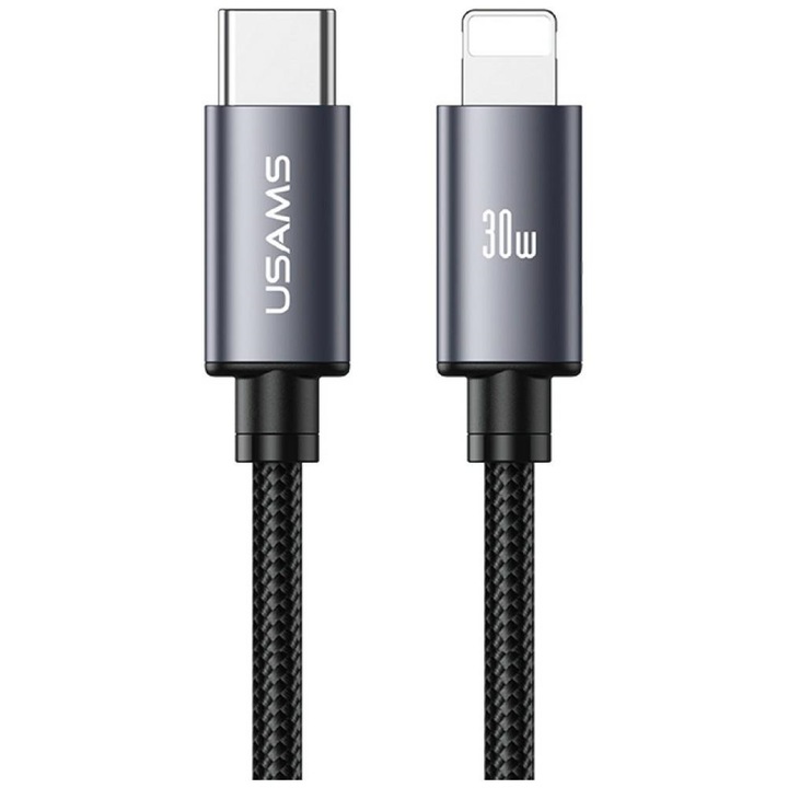 USAMS U91 töltő- és adatkábel, USB-C – Lightning, 30W, 3A, 1m, fekete