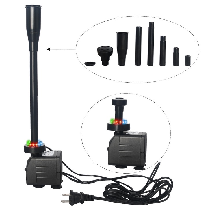 Pompa de apa submersibila 15W cu lumini LED, 1000L/H, design silentios, rezistent la temperaturi ridicate, set