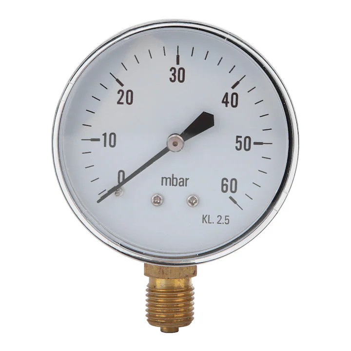 Manometru 0-60 mbar K0206-260825-284, filet 1/4 BSP, montaj inferior, carcasa metalica cu geam transparent, Clasa 2.5