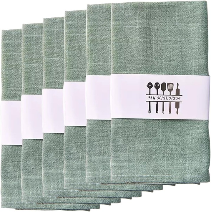 Set 6 Servete de masa, 40 x 40 cm, bumbac si in, lavabile, reutilizabile, pentru mese festive, Verde deschis