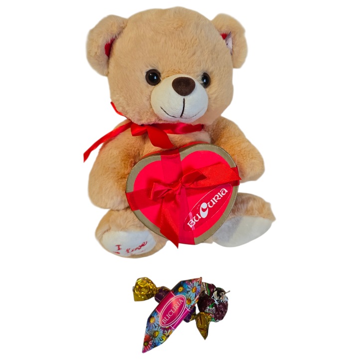 Set Cadou Dulce - Ursulet de Plus 25cm cu Inimioara si Ciocolata Bucuria 100g, Punga Cadou Transparenta
