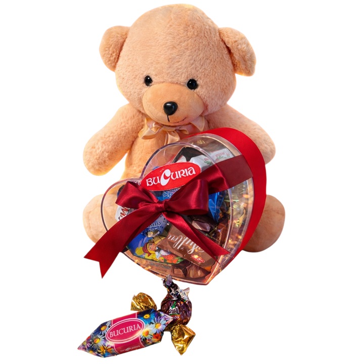 Pachet Cadou Romantic – Ursulet de Plus si Cutie Eleganta in Forma de Inima, Perfect pentru Ziua Indragostitilor sau Dragobete