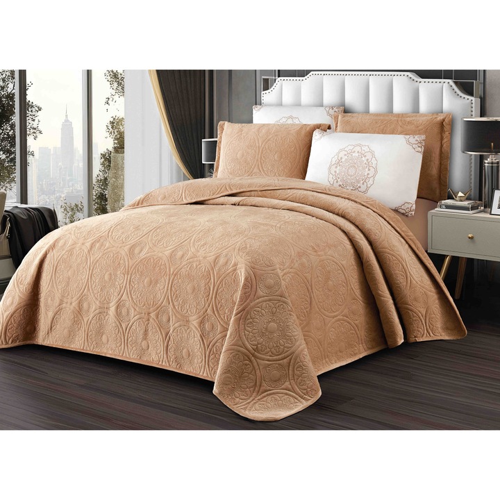 Set Cuvertura Pat Catifea, Model Relief Circular, 220x240cm, Bej - JOJ826