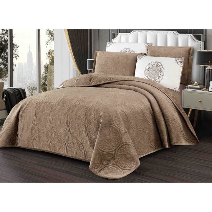 Set Cuvertura Pat Catifea, Model Relief Circular, 220x240cm, Maro - JOJ827