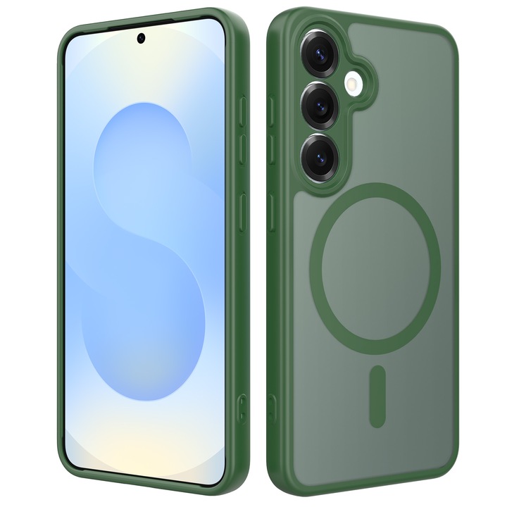 Husa de protectie pentru Samsung Galaxy S25 Plus, Omelivon, MagSafe, Protectie completa, Anti-Soc, Decupaje Precise, Incarcare Wireless, Materiale Premium, Verde inchis