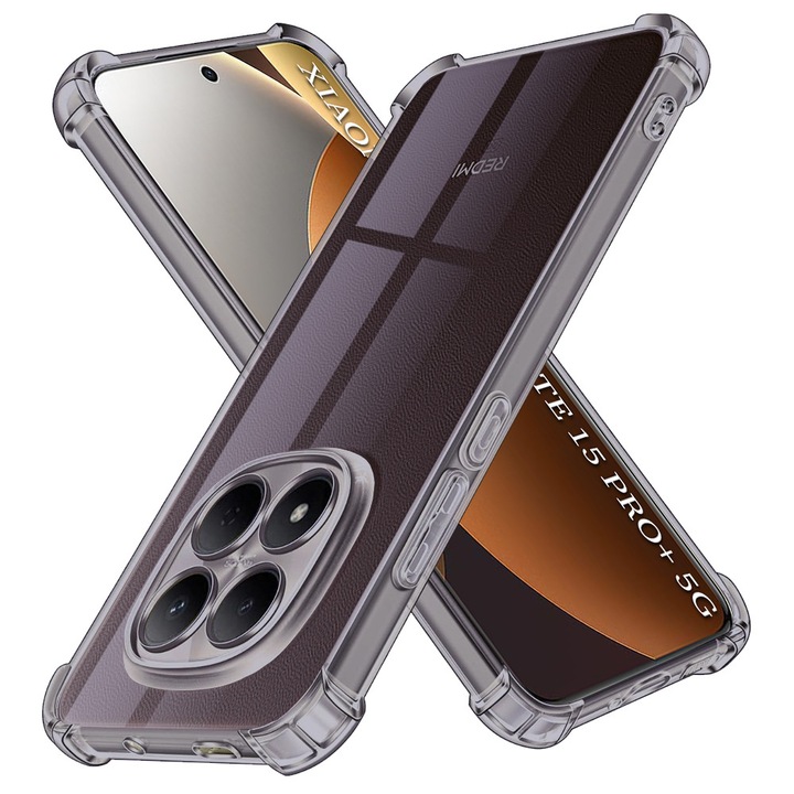 Husa Clear Anti-Soc pentru Xiaomi Redmi Note 15 Pro+ 5G / Poco M8 Pro 5G, Protectie Colturi AirBag, Rezisntenta Socuri si Zgarieturi, Design Slim, Anti-Ingalbenire, Fumuriu