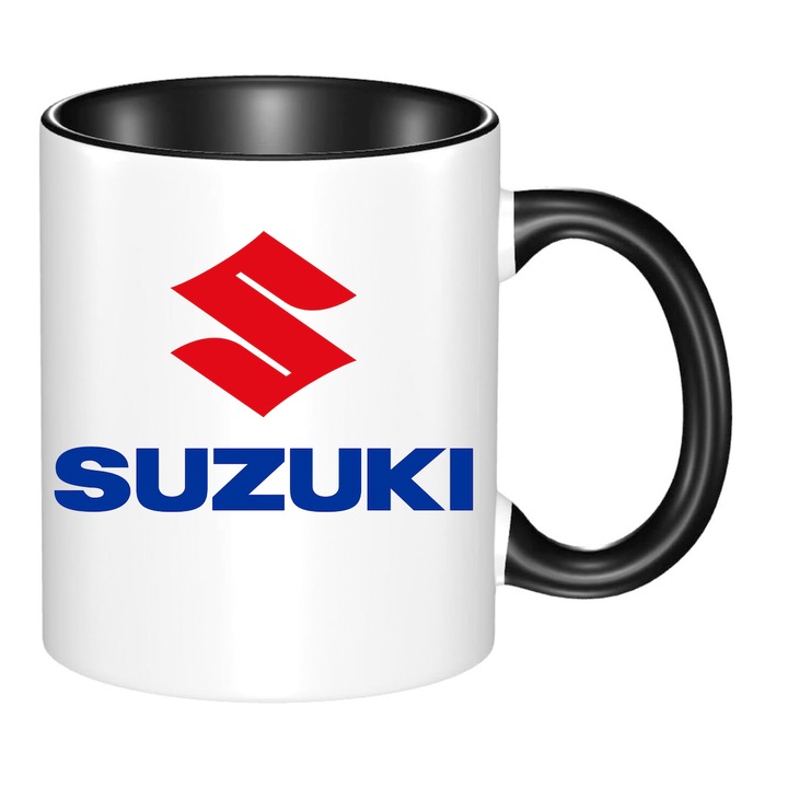 Cana din portelan Suzuki 330ml, design alb si negru, rezistent la masina de spalat, set pentru fani