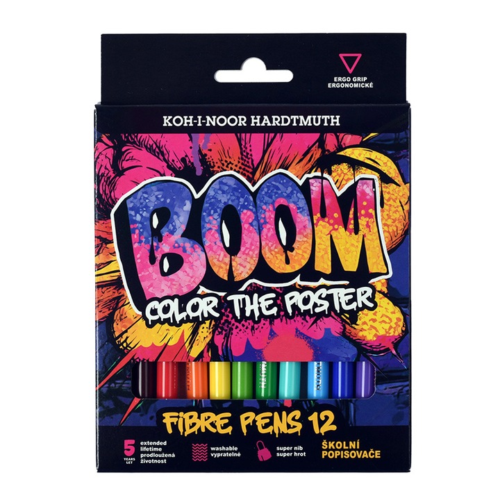 Set carioci KOH-I-NOOR, 12 culori, ergonomic, rezistent la apa