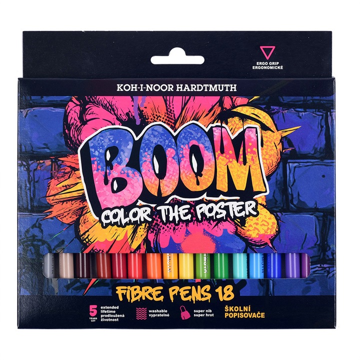 Set carioci 18 culori KOH-I-NOOR, ergonomic, lavabile, multicolor