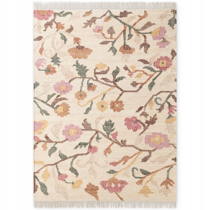 Covor juta bumbac, Elle Decoration, crem multicolor, 200x300cm, flori colorate, ciucuri, tesut manual, stil boho chic, elegant, durabil, natural, luxos, design Elle chic