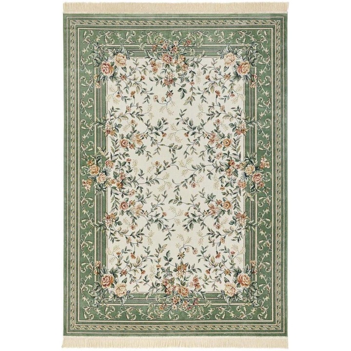 Covor living, Mojdywan, crem verde, 195x300cm, stil traditional, viscoza bumbac, franjuri, moale, densitate mare, luxos, durabil, elegant, atmosfera relaxanta, premium