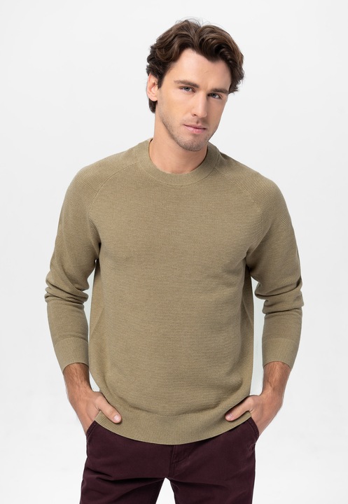 Pulover barbati din bumbac, clasic, material structurat, rotund, Volcano S-Ford, bej, Bej