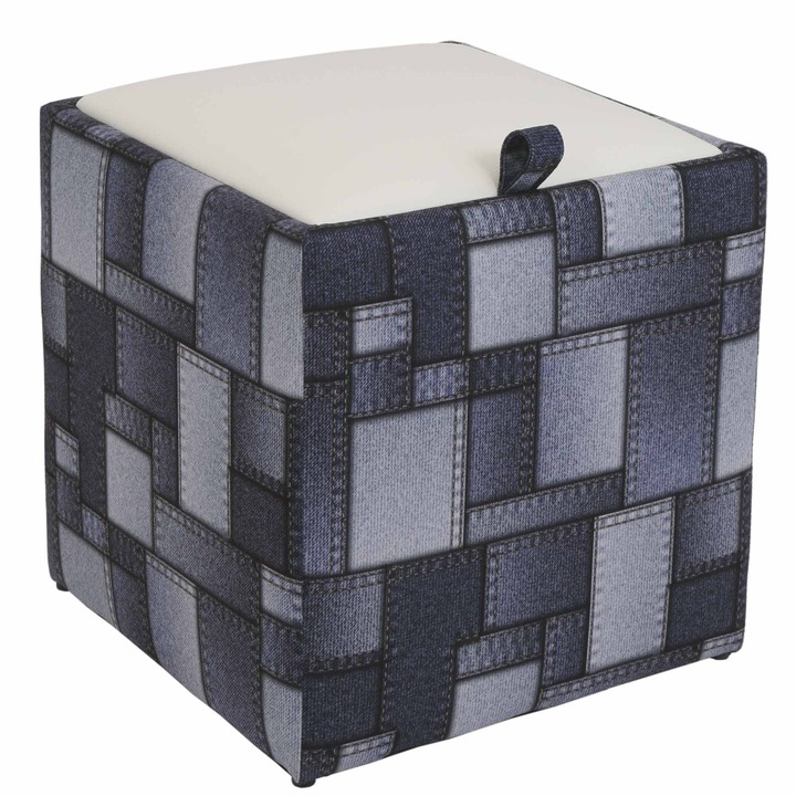 Taburet Box - stofa print patch dreptunghi/imitatie piele alb