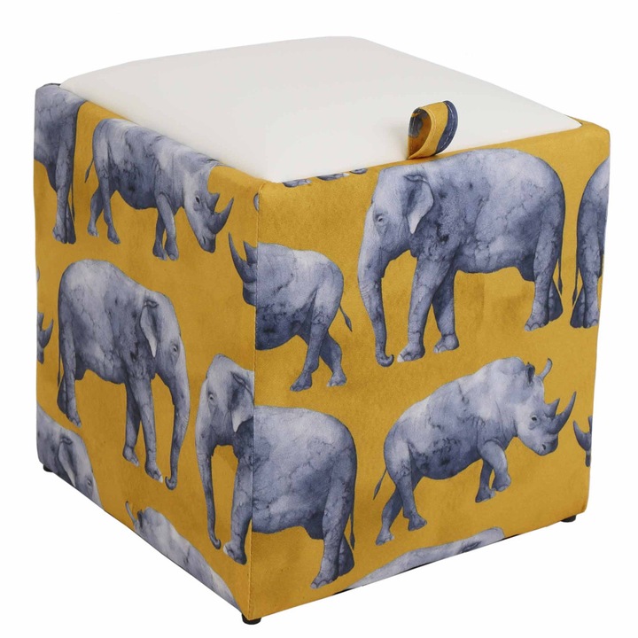 Taburet Box - stofa print rino/imitatie piele alb
