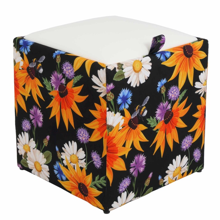 Taburet Box - stofa print flori de camp/imitatie piele alb
