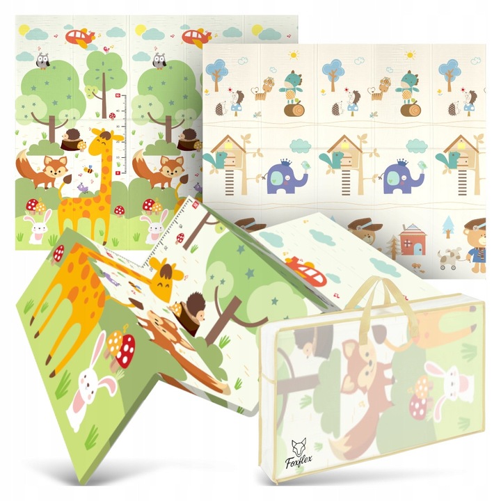 Сгъваема образователна постелка Foxflex®, двустранна Гора с Жираф и Слон с Мече, дебела пяна, водоустойчива, 180x200 см, зелена