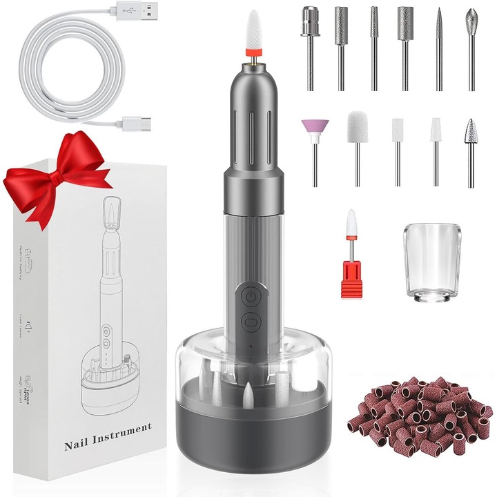 Set profesional pentru manichiura si pedichiura, 12 freze, 36 benzi abrazive, argintie