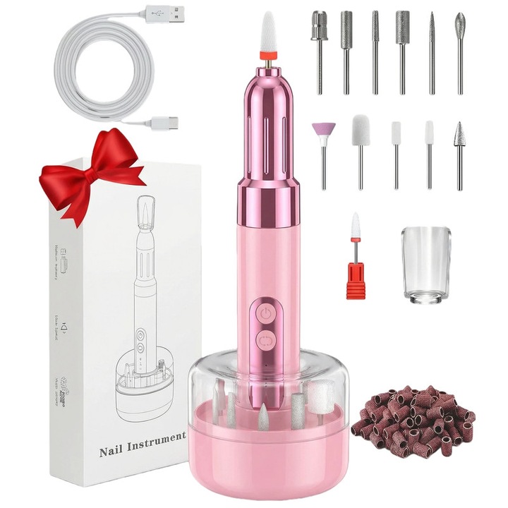 Set profesional pentru manichiura si pedichiura, 12 freze, 36 benzi abrazive, rotatie avansata, roz