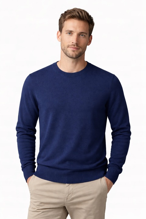 Pulover barbati, albastru, lana merinos/casmir, croiala regular fit, maneca lunga