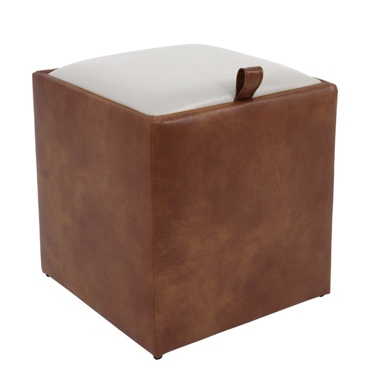 Taburet Box - imitatie piele coniac/alb - 8070/21894