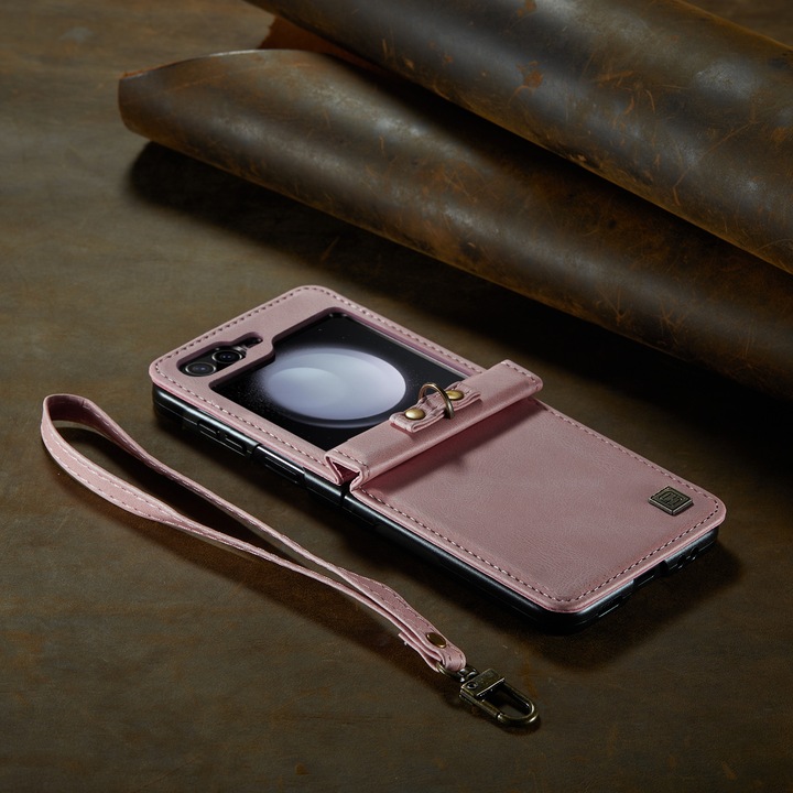 Калъф за Samsung Galaxy Z Flip6, CaseMe, мека текстурирана кожа, тип рамка, пълна защита, сваляща се каишка за ръка, Розов