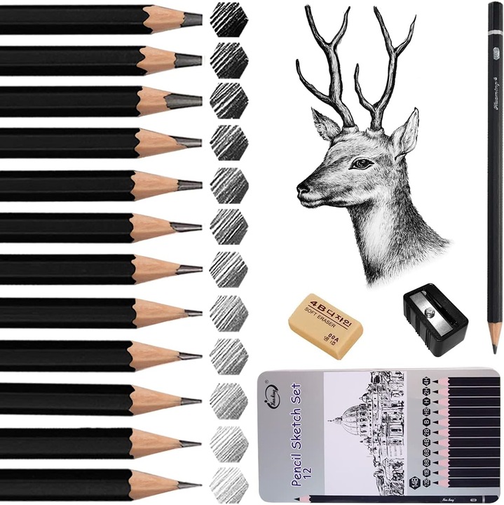 Set de creioane, set de 12 creioane de desen, 14B, 12B, 10B, 8B, 6B, 4B, 2B, B, HB, H, 2H, 4H, creioane de schita cu ascutitoare si radiera, pentru copii, adulti, incepatori, desen profesional