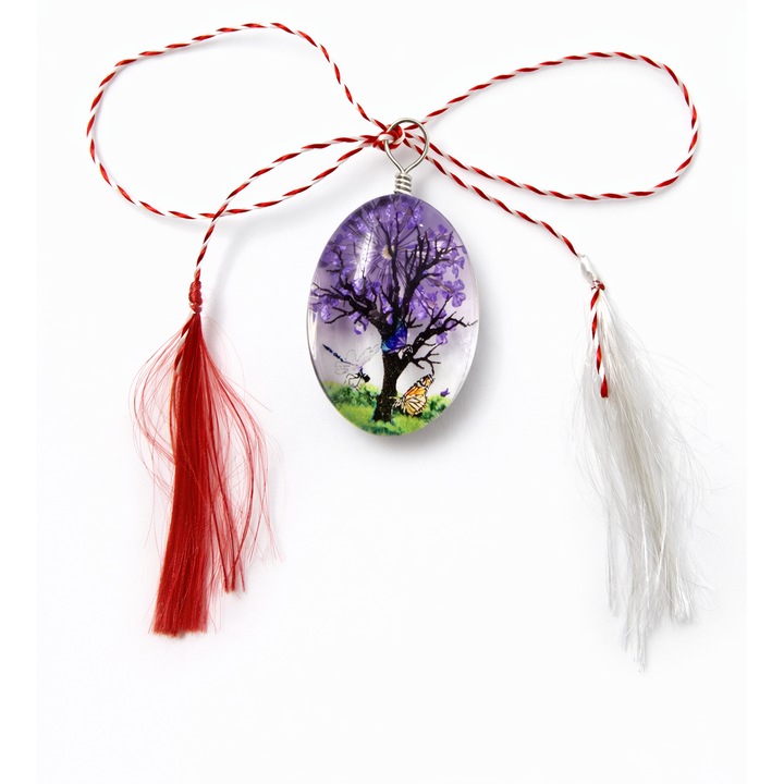 Martisor Premium, tip Pandativ, Transparent, cu Floare Naturala, Lucrat Manual, Forma de Teardrop, Dimensiuni 3 x 2 cm, Mov